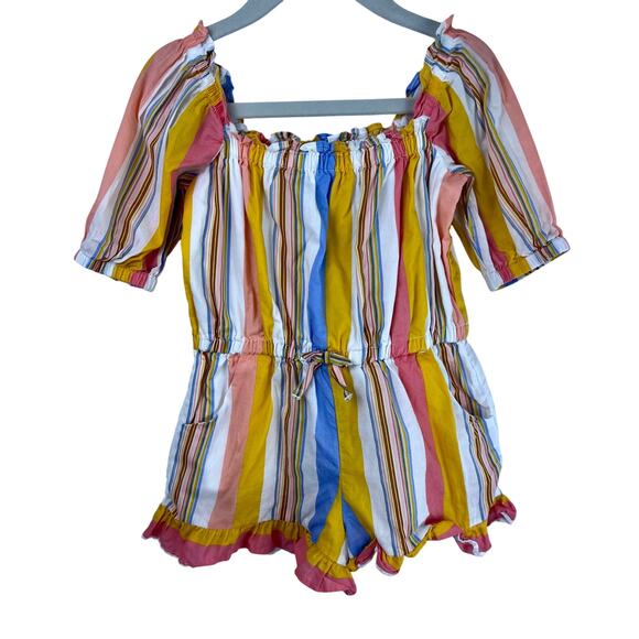 Janie and Jack, Striped Ruffle Romper, Multicolor Cotton, Summer Playwear - Picture 2 of 11